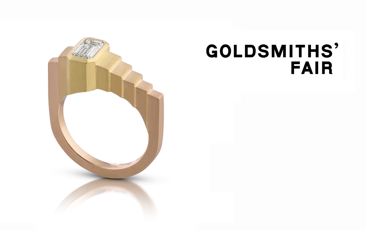 muti-tone gold diamond ziggurat ring on white background with goldsmiths fair logo on a white background