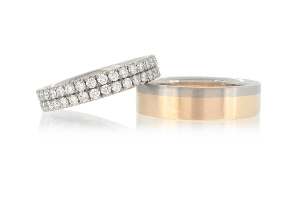 Double row diamond eternity band with matching bi-coloured 'Saturnian' ring in yellow & white gold.
