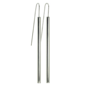 long polished silver tube shaped earrings on a white background