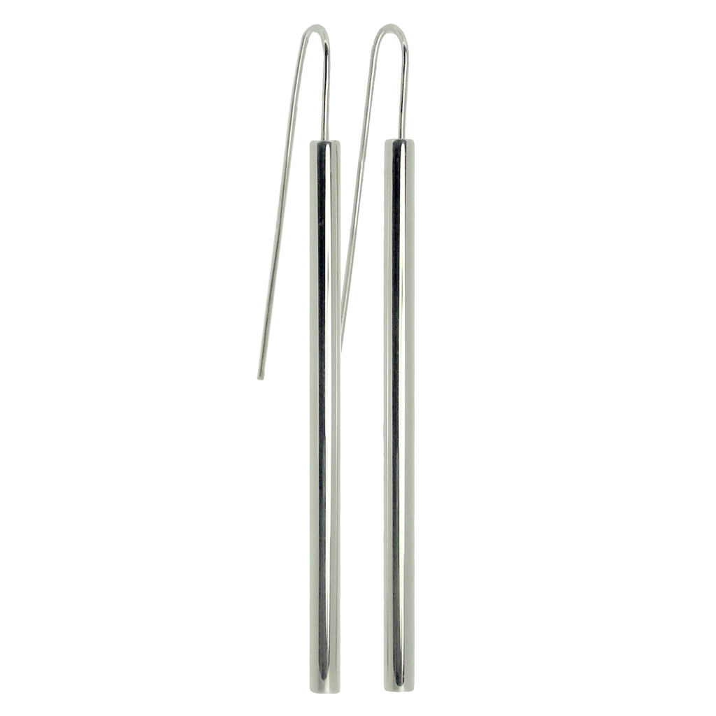 long polished silver tube shaped earrings on a white background