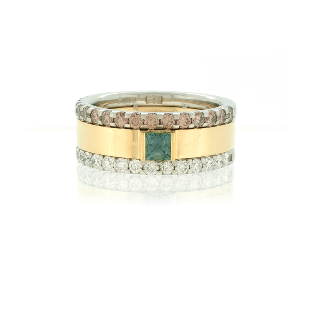Three stripe cigar band with champagne and colourless diamonds and a teal sapphire on a white background.