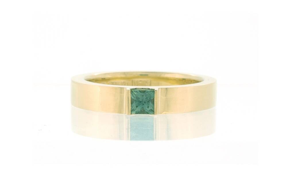 Yellow gold and teal-coloured, square sapphire ring on a white background.