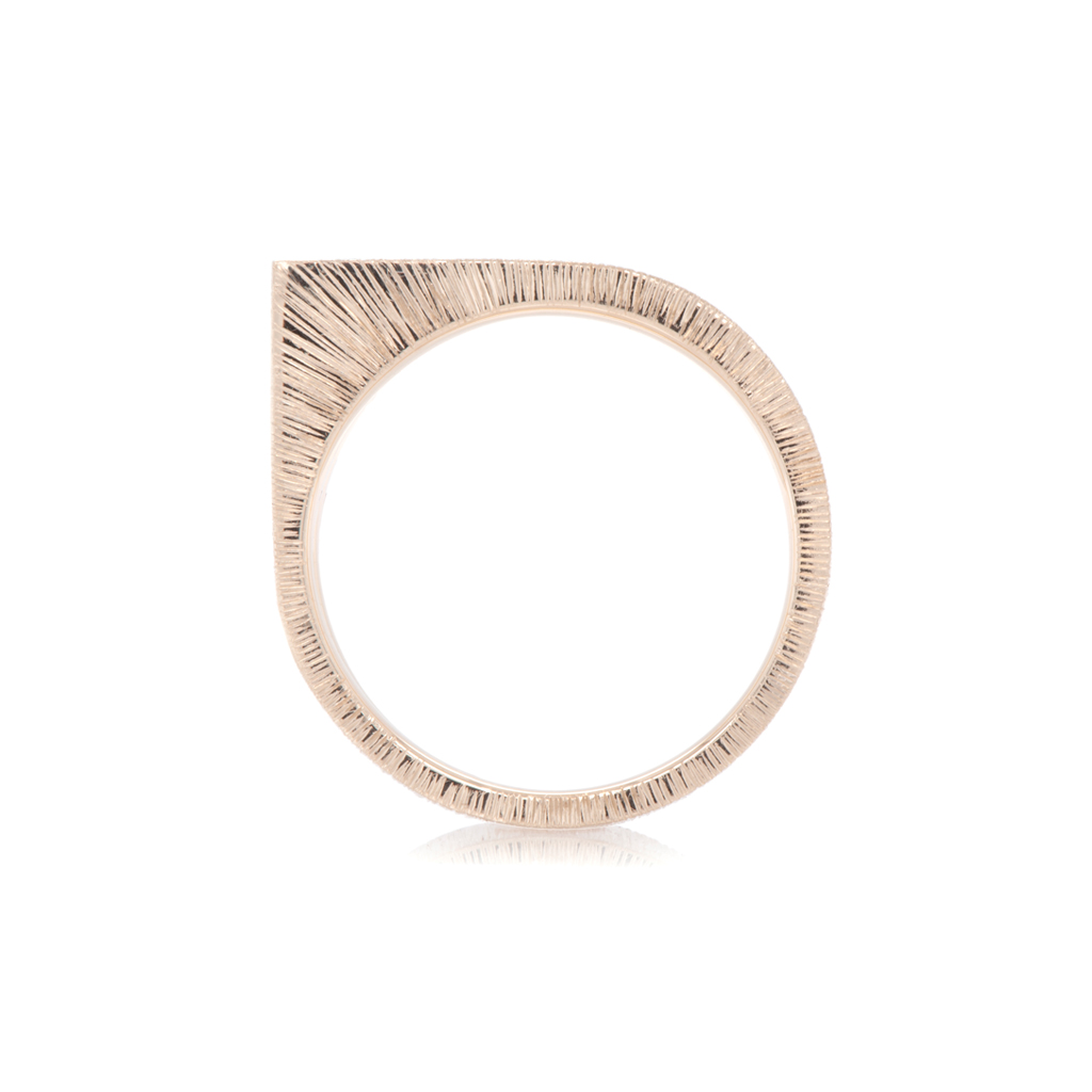 Front view of a ring with one round corner on a white background.