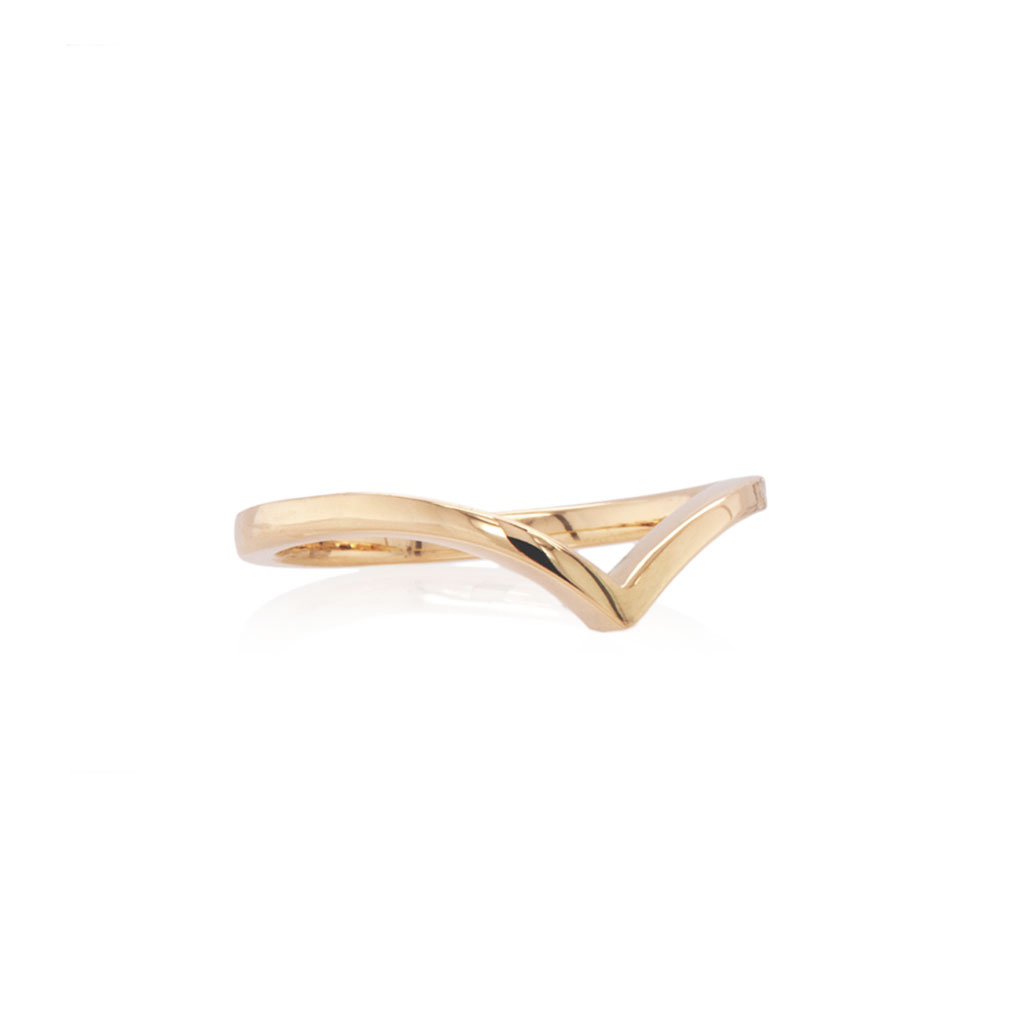 Delicate wishbone wedding band in yellow gold on a white background.