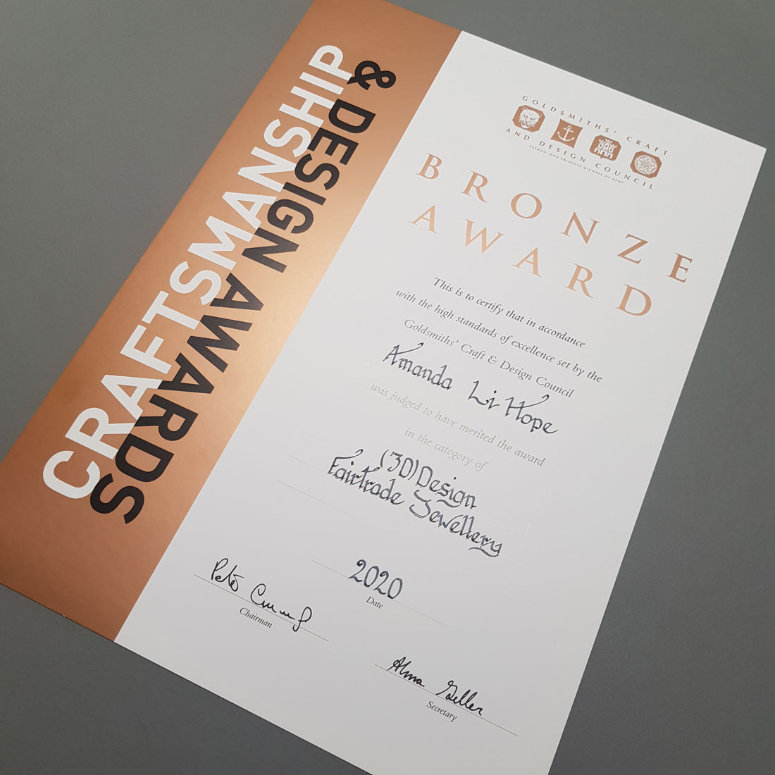 Certificate for Amanda's bronze award for the Craftsmanship and design awards