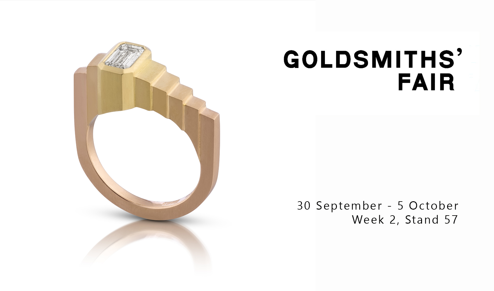 muti-tone gold and diamond ziggurat ring on white background